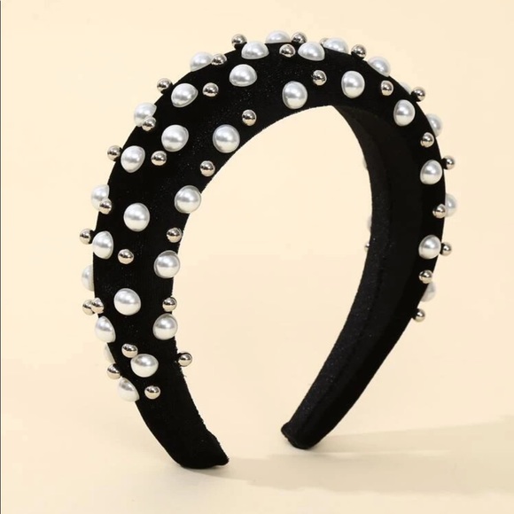 Fancy Black Velvet Pearl Padded Headband